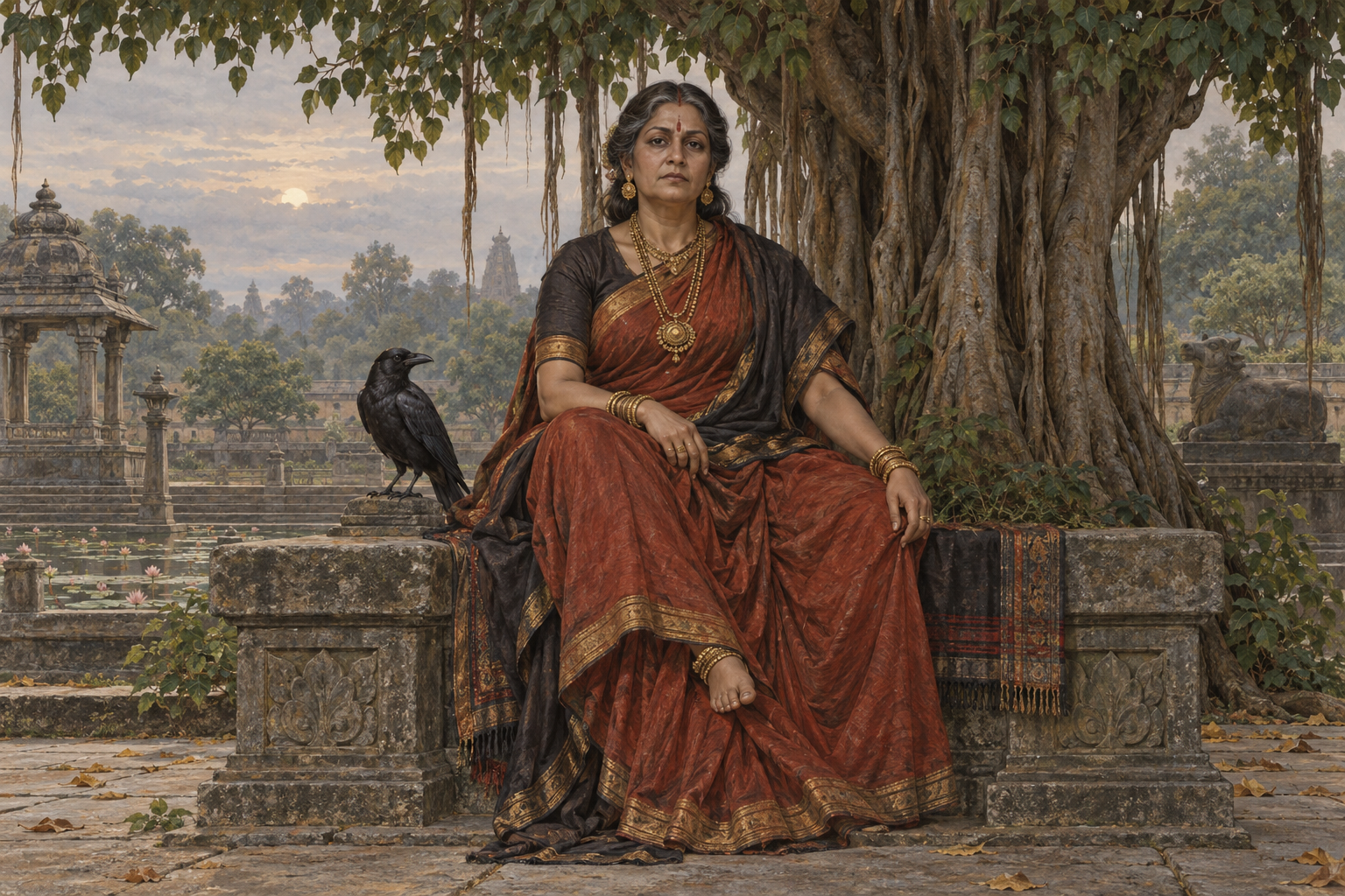 A solemn mature divine figure in rust-red garments sits beneath a banyan tree with a crow perched beside the stone platform.