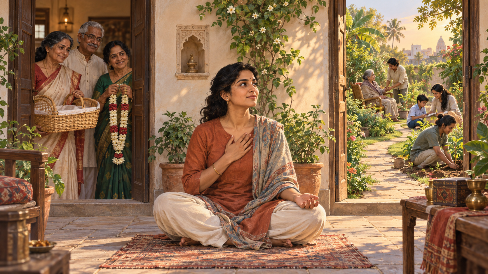 A thoughtful adult sits between relatives holding symbols of family hopes and an open garden path showing several different forms of care and continuity.