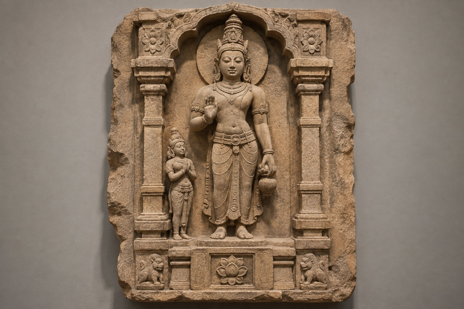 A weathered sandstone relief shows a central sacred figure with a head ornament, backplate, hand gesture, attendant, and pedestal emblem.