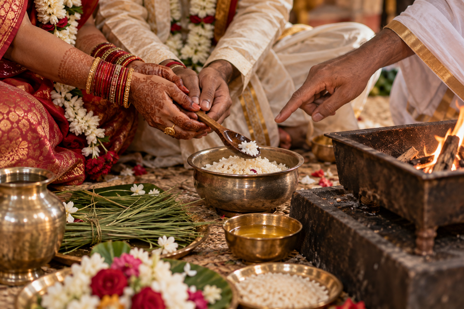 Hands of a newly married couple tend a rice vessel beside a small sacred fire, with ritual utensils and offerings arranged nearby.