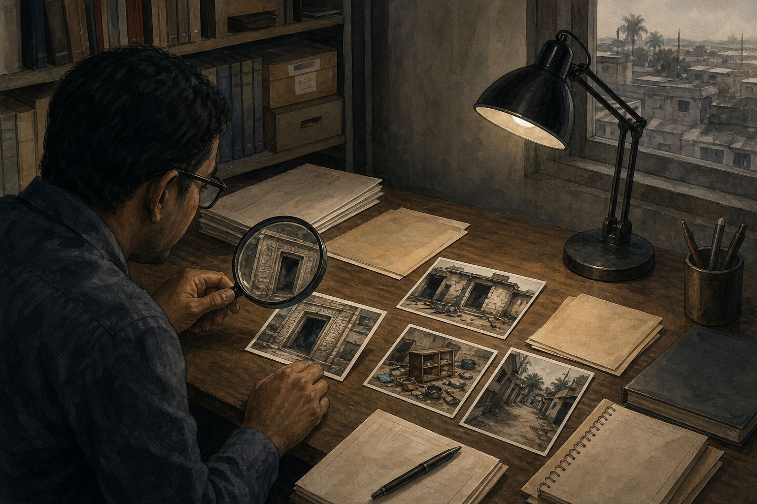 A researcher examines uncaptioned photographs of a damaged temple, home, and neighborhood at a desk under a focused lamp.