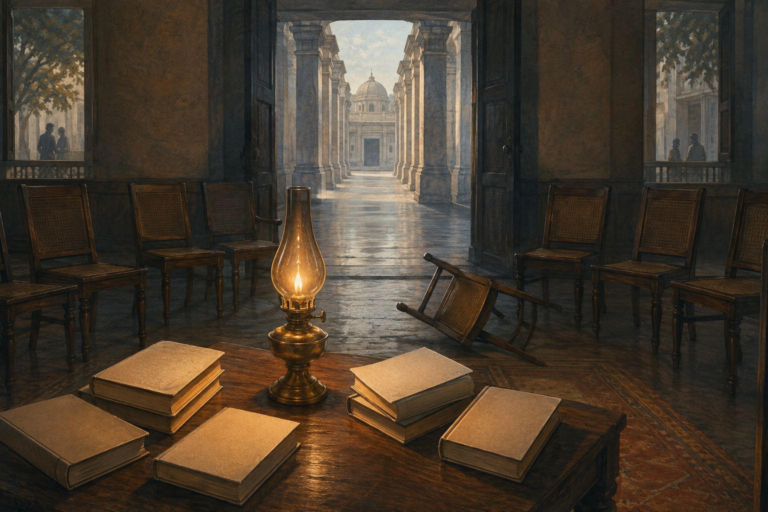 An empty book-reading room with blank-covered books, a slightly overturned chair, and a glowing brass lamp facing a courthouse-like corridor.