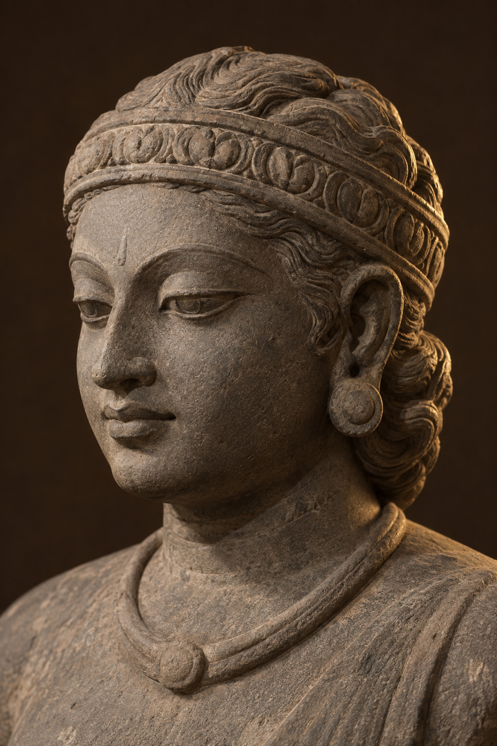 Close view of a carved stone Hindu deity with a compact, continuous coronet encircling the head and merging with the hair.