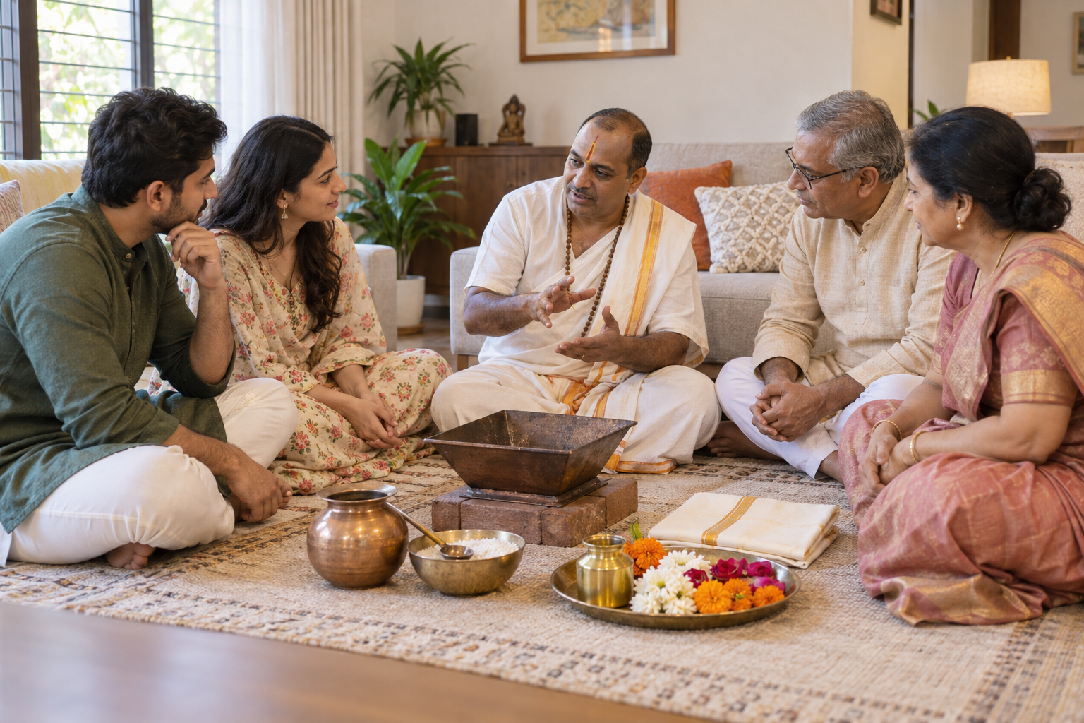 An engaged couple, a priest, and family members review the vessels and offerings needed for a Hindu marriage fire rite.