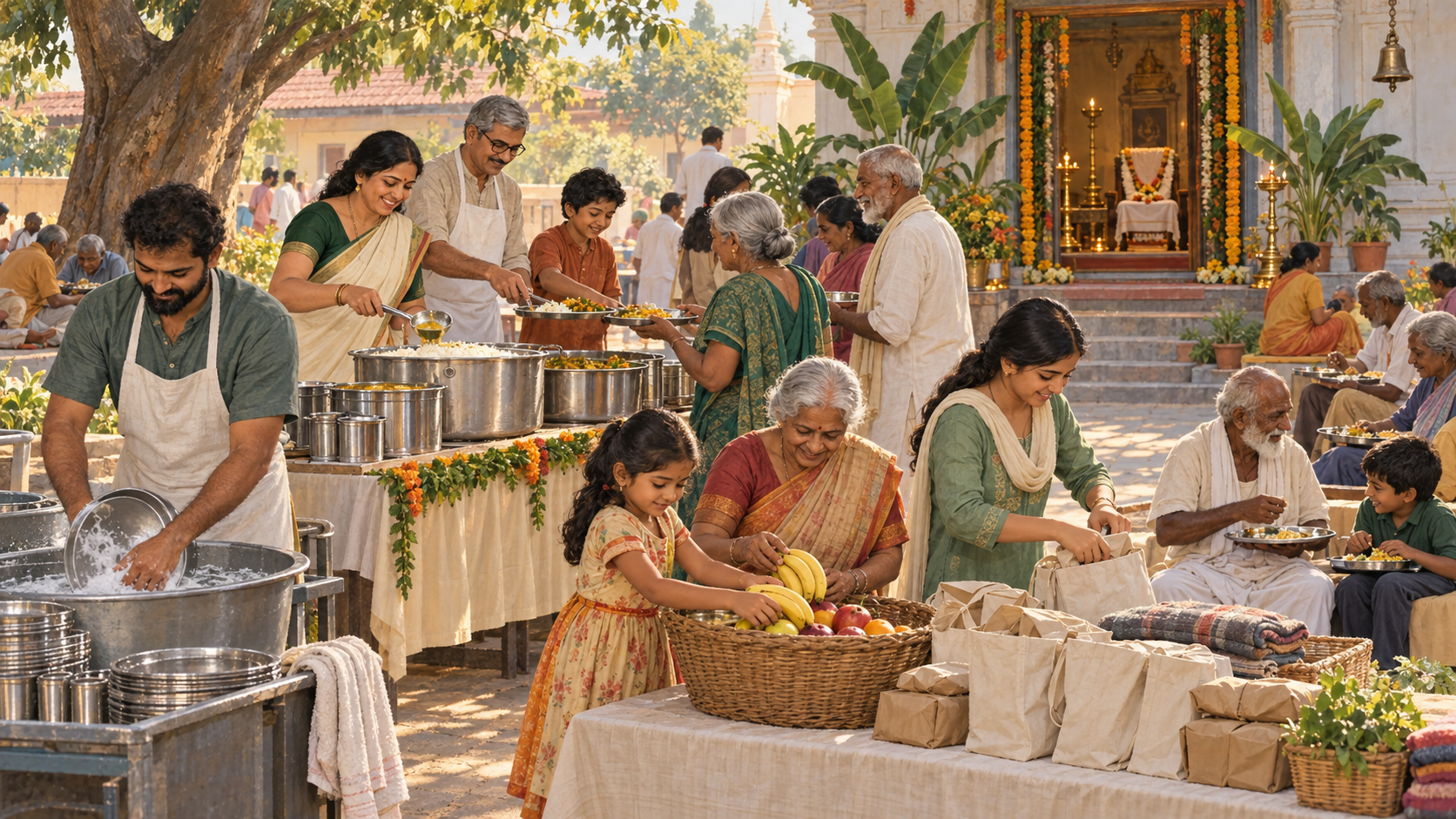 Volunteers outside a temple serve vegetarian meals, wash utensils, and assemble care parcels after a remembrance gathering.