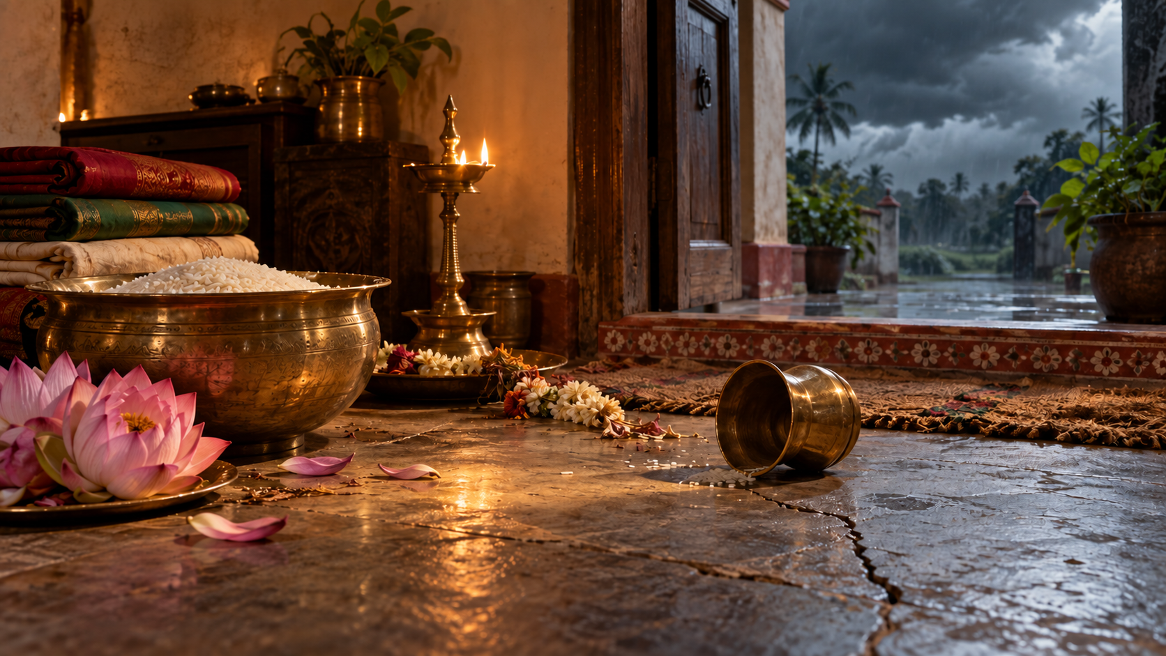 A household threshold holds rice, lotus flowers, cloth, and a lit lamp beside a cracked floor, an empty vessel, and a fading garland.