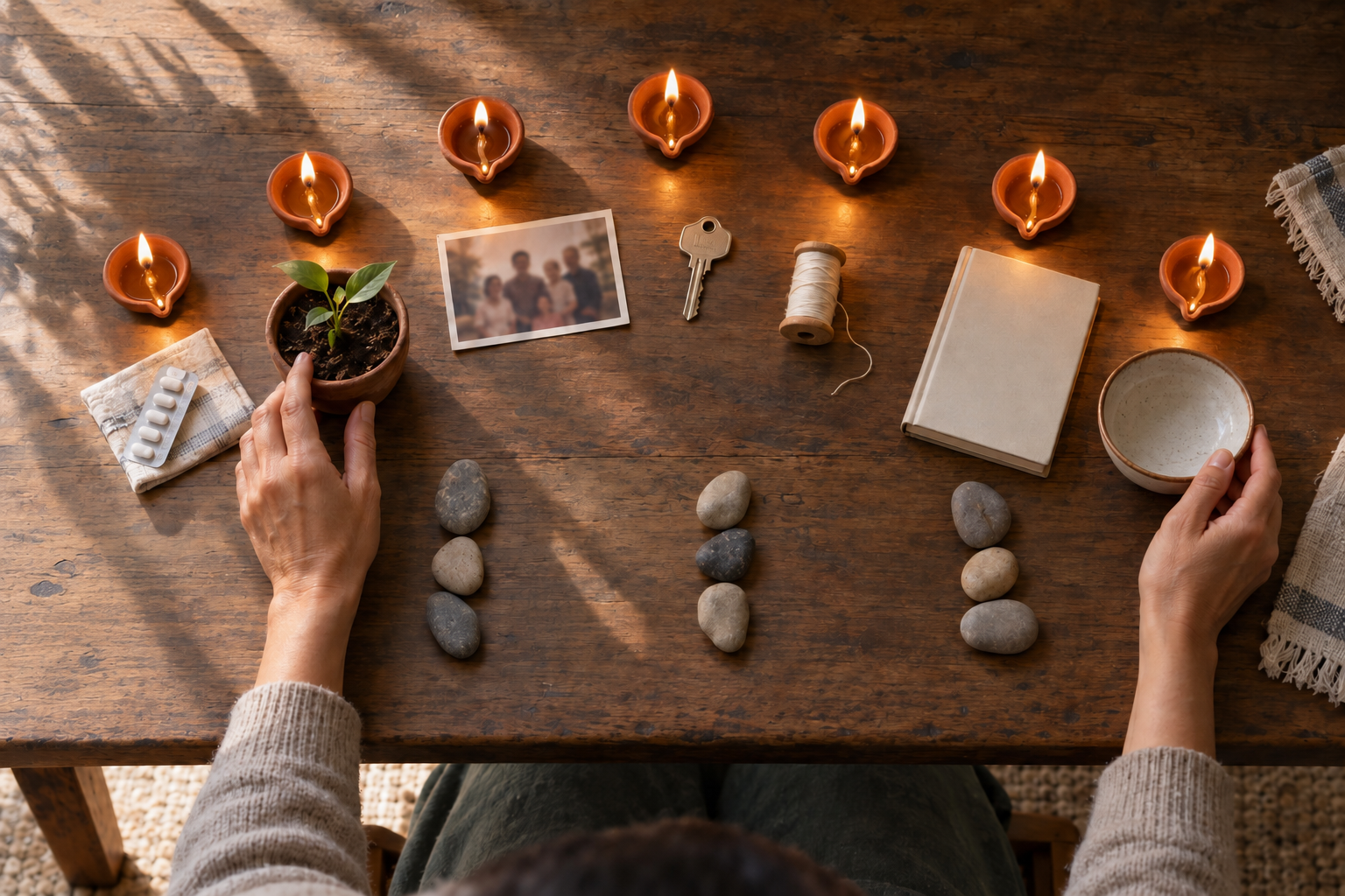 A person sorts objects representing family and community responsibilities beside seven clay lamps on a wooden table.