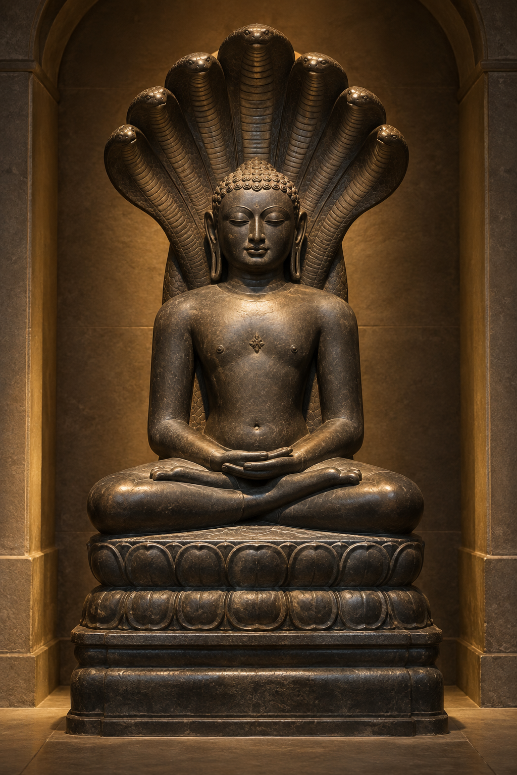 A dark stone sculpture of Parshvanatha sits in meditation beneath a fan-shaped canopy of seven cobra hoods.