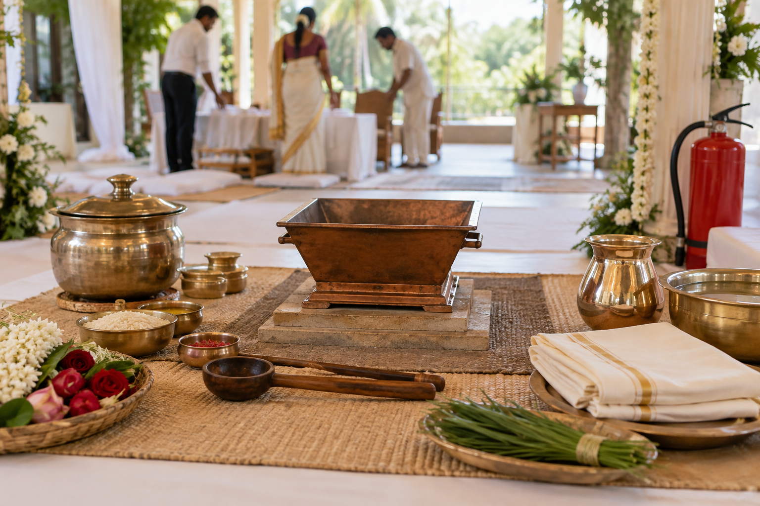 Rice, cooking vessels, offerings, and fire-safety items are organized beside a prepared wedding ritual space.