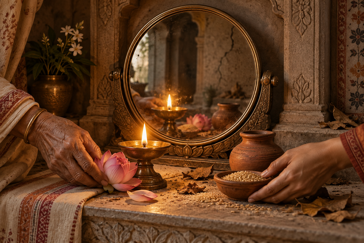 A bronze mirror reflects a lit oil lamp, lotus, grain, dust, and withered leaves while two pairs of hands tend the shrine objects.