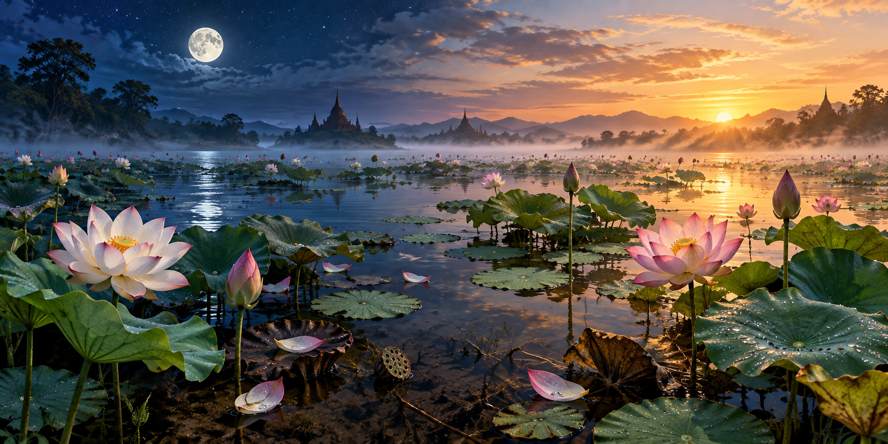 A lotus pond at dawn reflects moonlight on one side and golden sunlight on the other, with blossoms, buds, fallen petals, and dark silt visible together.