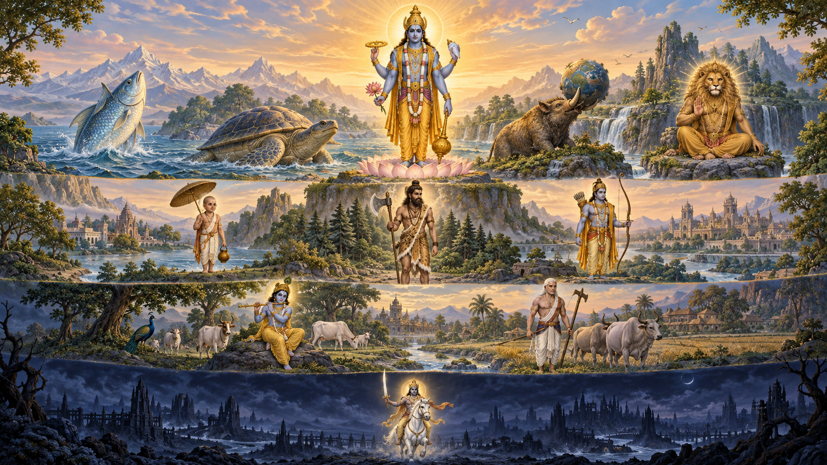 Vishnu presides above four changing landscapes containing symbolic forms of his avatars in descending groups.