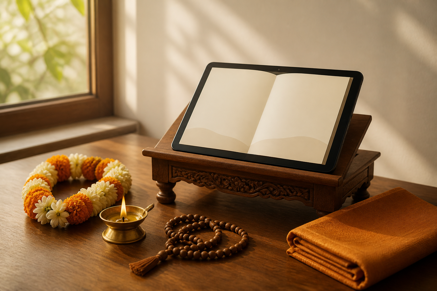 A tablet with a text-free open-book display rests on a wooden reading stand beside a flower garland, brass lamp, prayer beads, and folded saffron cloth.