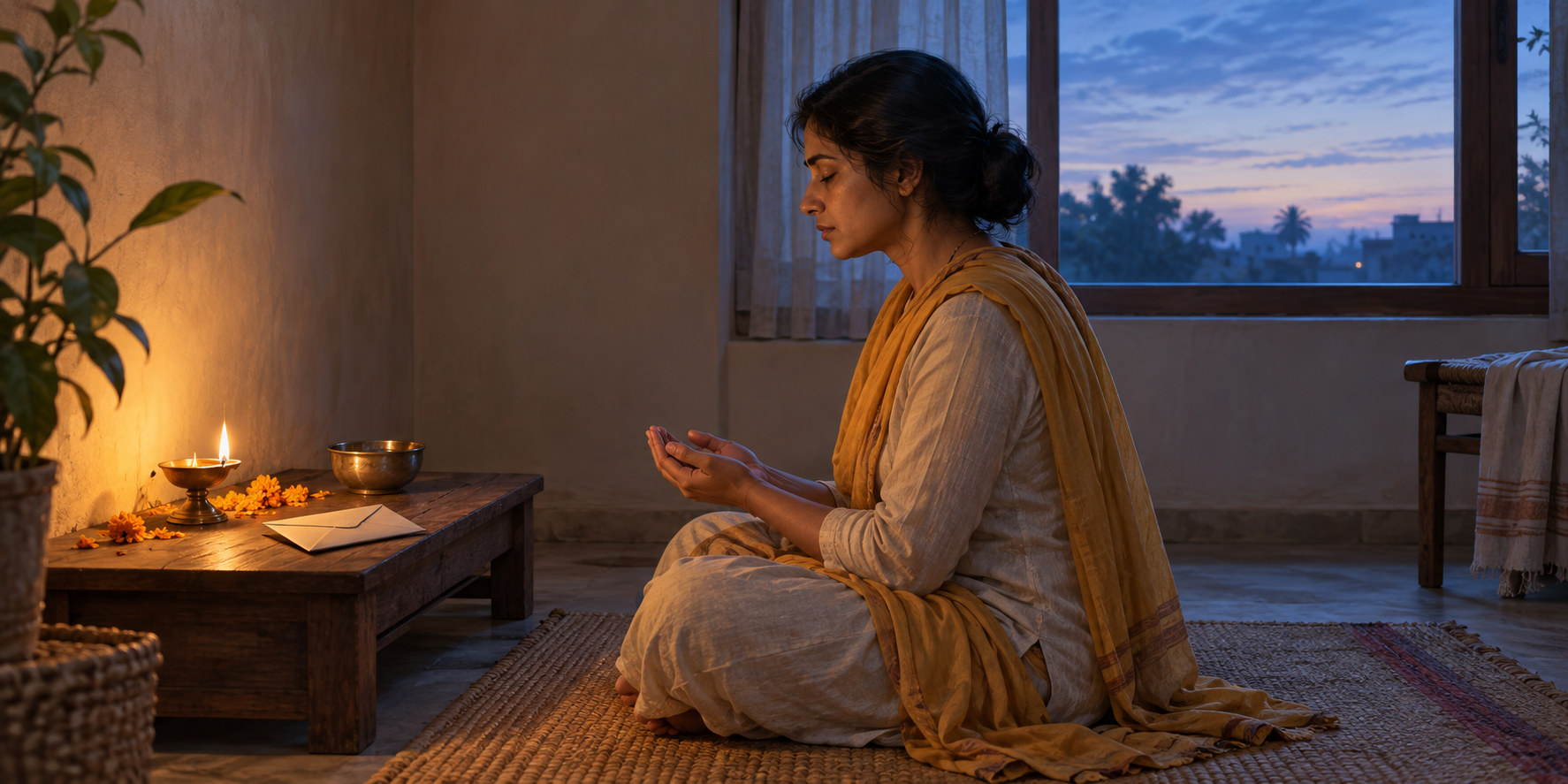 A person prays beside a small oil lamp and flower offering, with a sealed envelope resting nearby in the dawn light.