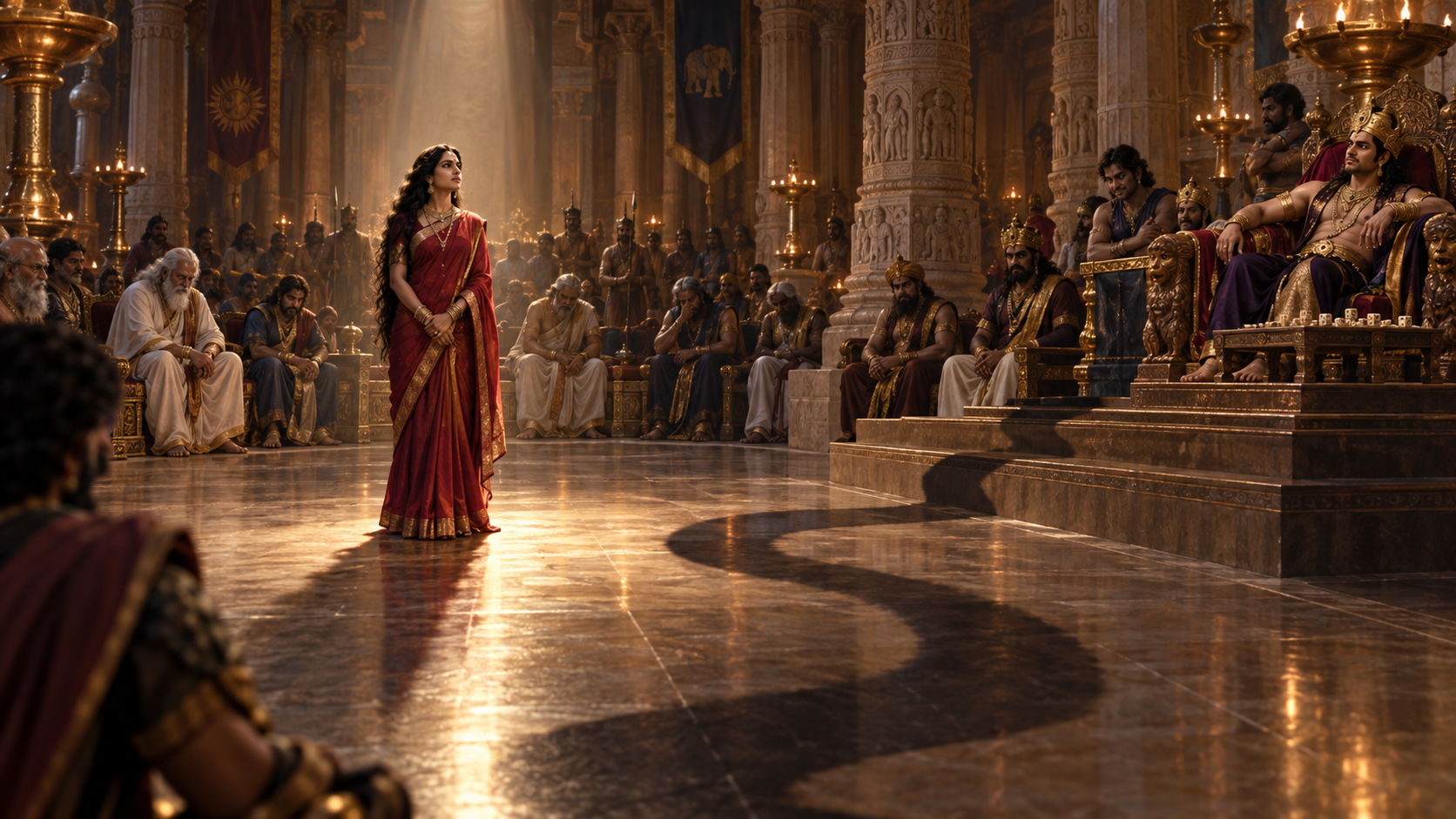 Draupadi stands in a beam of light before Duryodhana and silent courtiers in a shadowed royal dice hall.