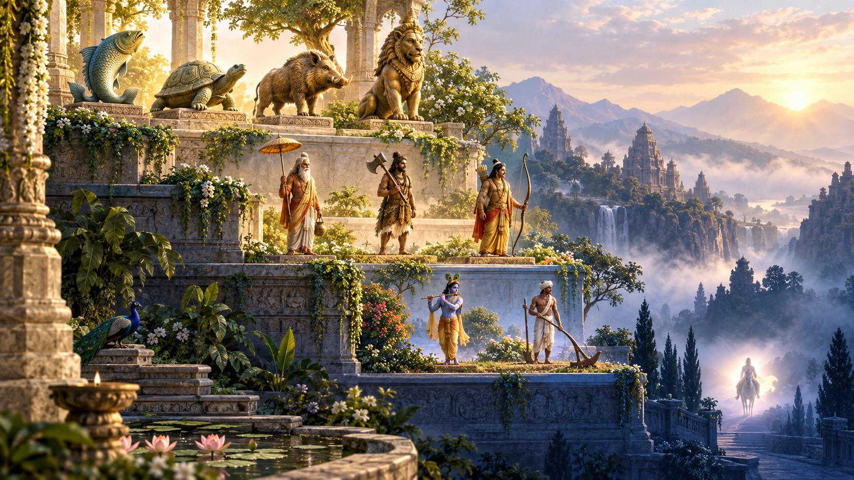 Four descending terraces display groups of four, three, two, and one avatar figures and emblems.
