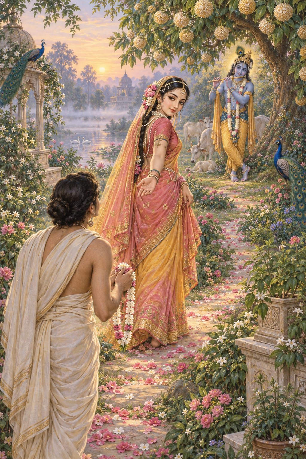 Radha guides a garland-carrying devotee along a garden path toward flute-holding Krishna beneath a flowering tree in Vrindavan.