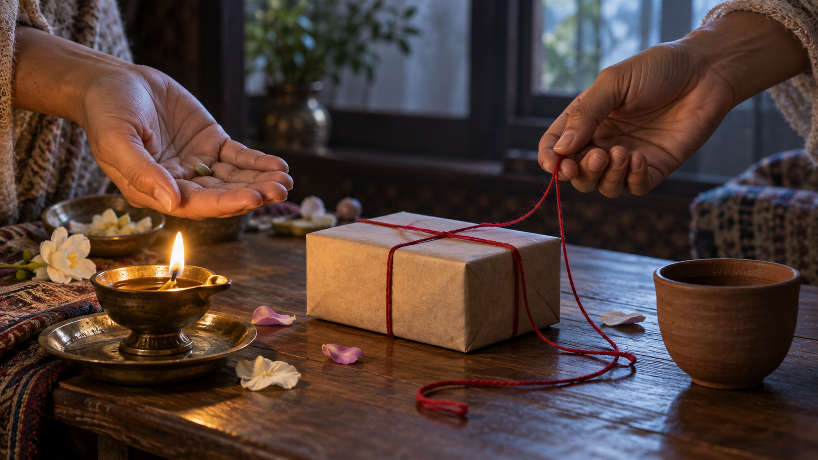 Open hands rest beside an oil lamp as one holds a seed and the other releases a thread tied around a plain gift box.
