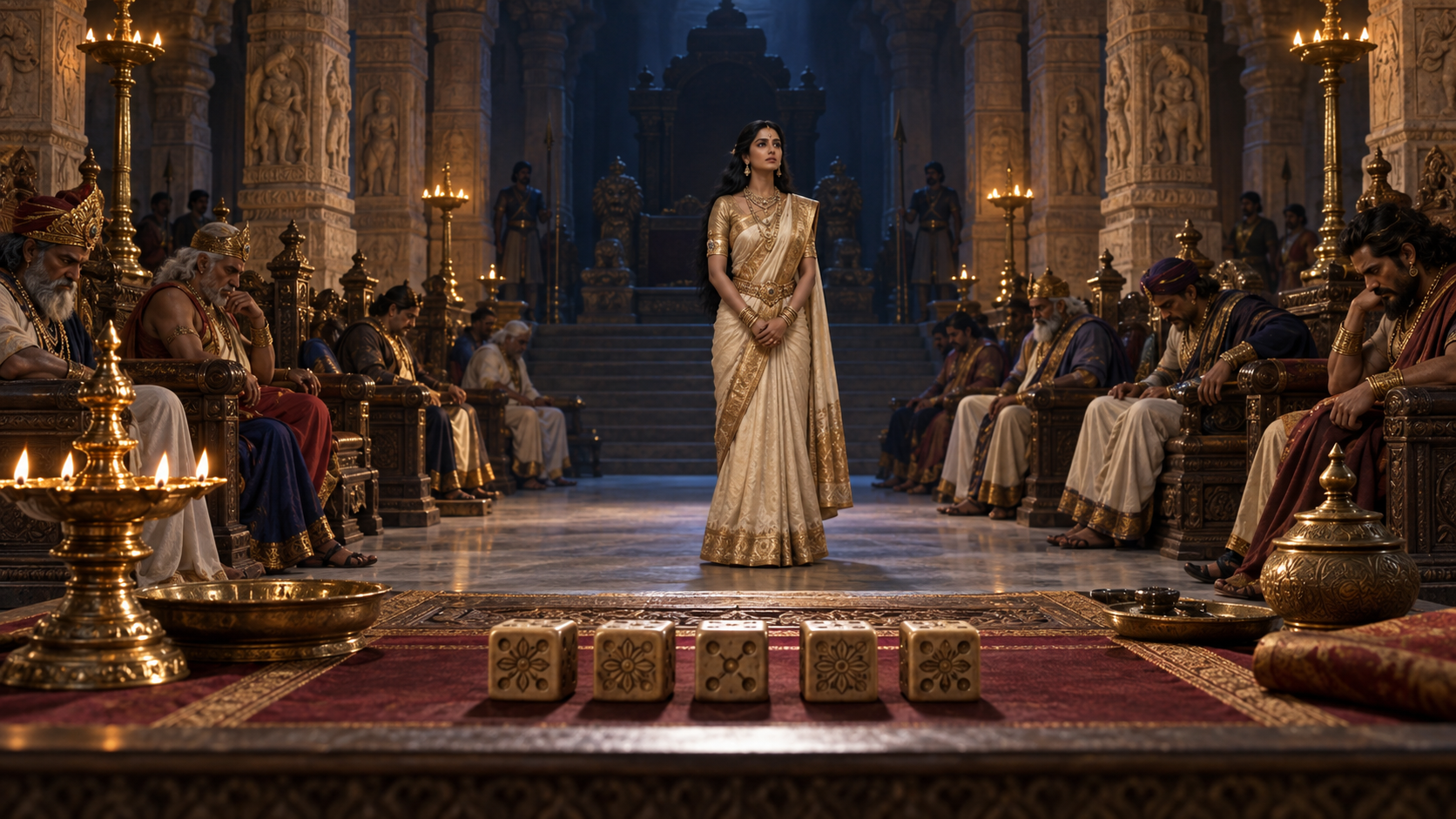 Carved dice lie in the foreground as a dignified woman faces a silent royal assembly in an ancient pillared hall.