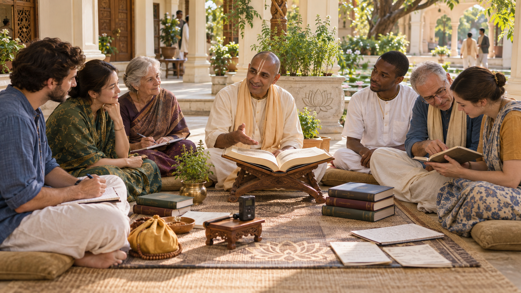 A teacher and a multigenerational group study an open sacred book together in a sunlit temple courtyard, with books, handouts, and an audio recorder nearby.