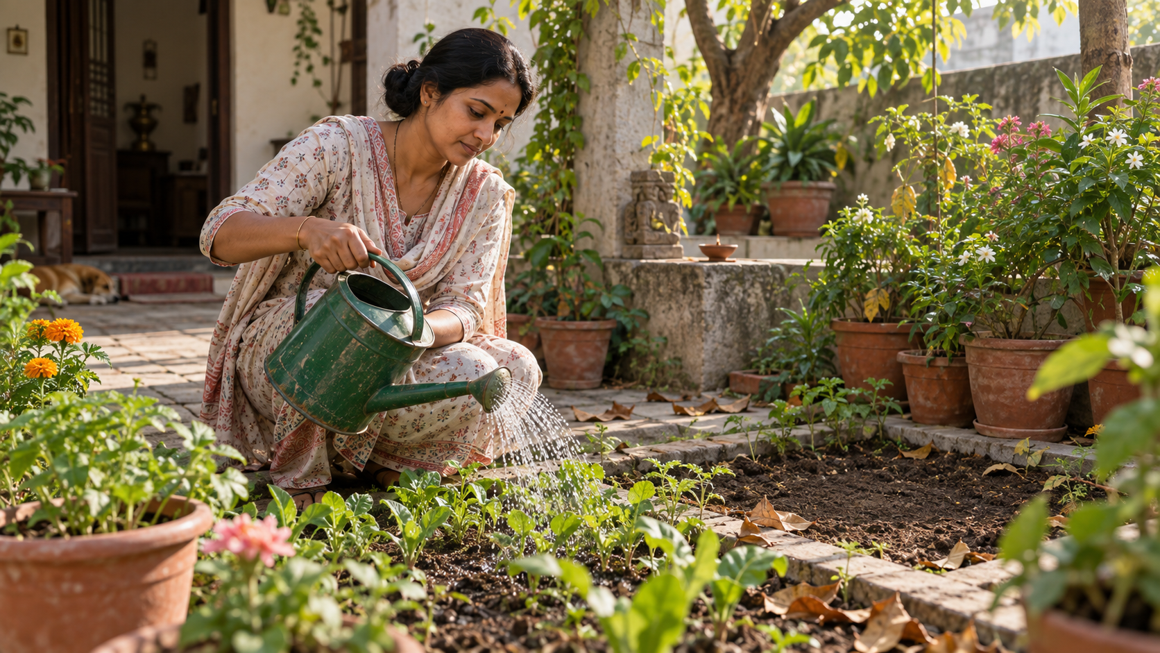 A woman calmly waters young plants in a courtyard where healthy growth, dry leaves, and an empty patch are all visible.