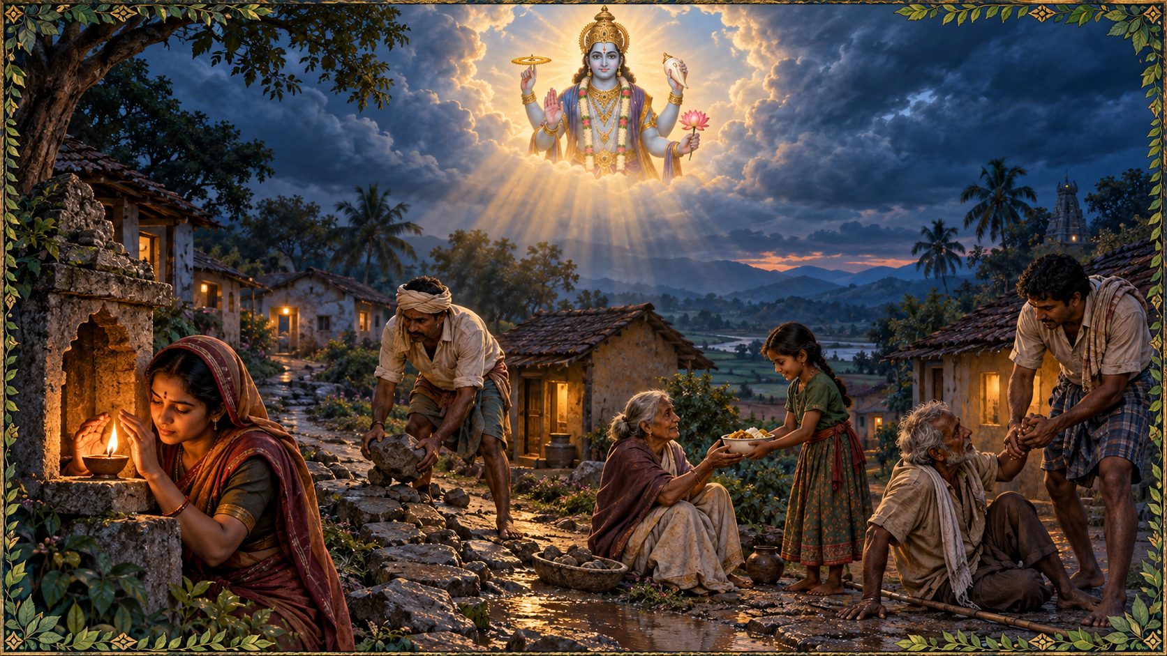 People protect a flame and help one another beneath the steady light of Vishnu in the sky.