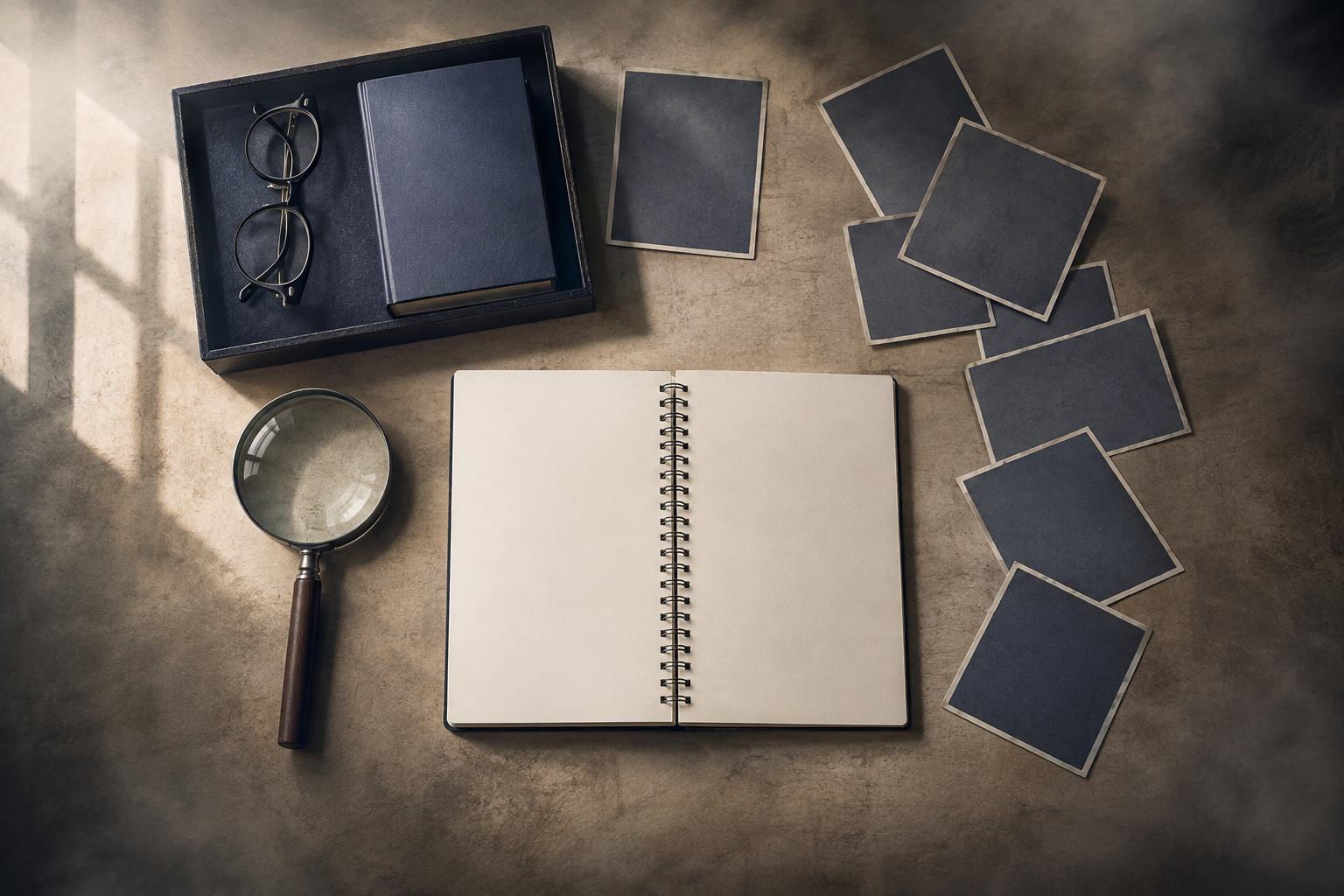 A magnifying glass, blank notebook, eyeglasses, and blank-covered book sit in a pool of light on an investigator's desk surrounded by haze.