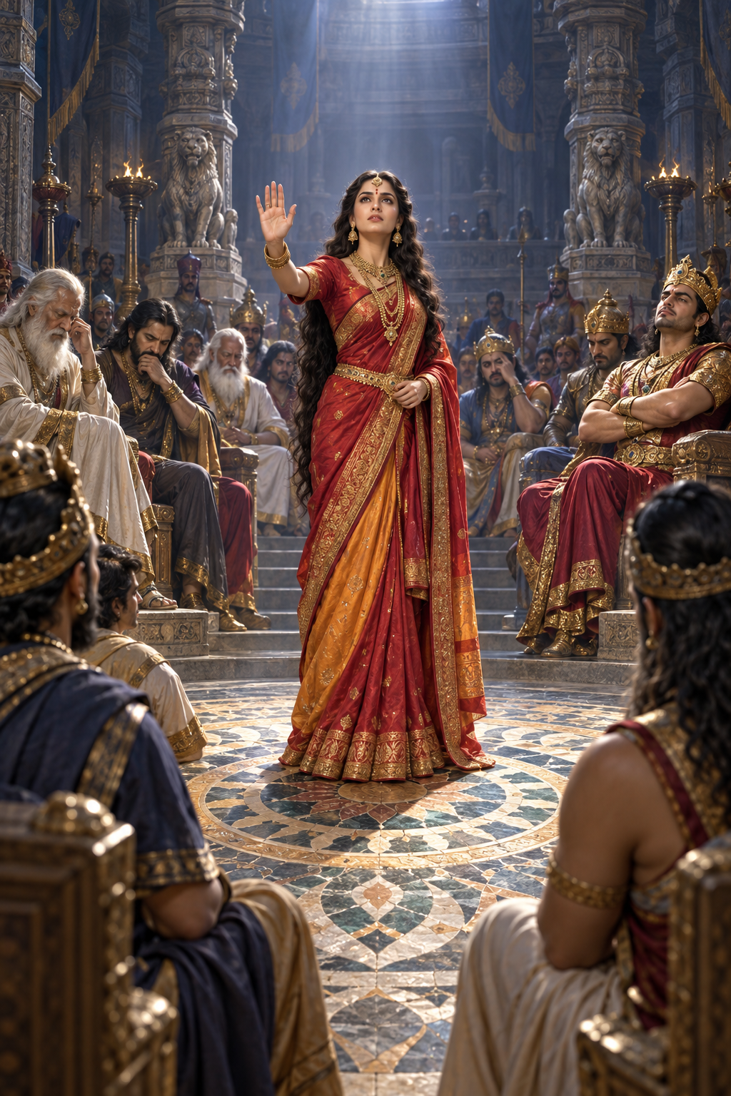 Draupadi raises one hand while standing before conflicted elders and warriors in a dim royal assembly hall.