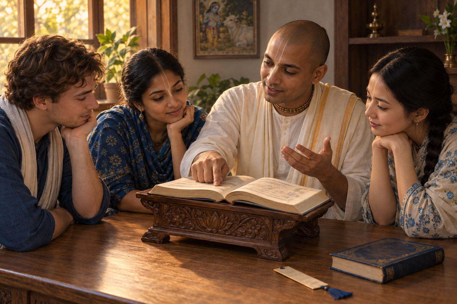 A teacher guides three newcomers through one passage in an open sacred book during a small, focused study session.