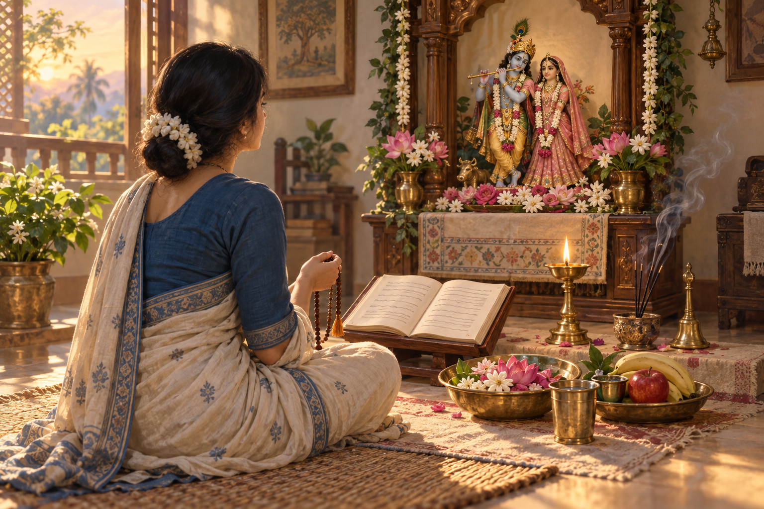 A seated devotee chants with prayer beads before a Radha-Krishna home altar surrounded by scripture, flowers, fruit, water, incense, and a lamp.
