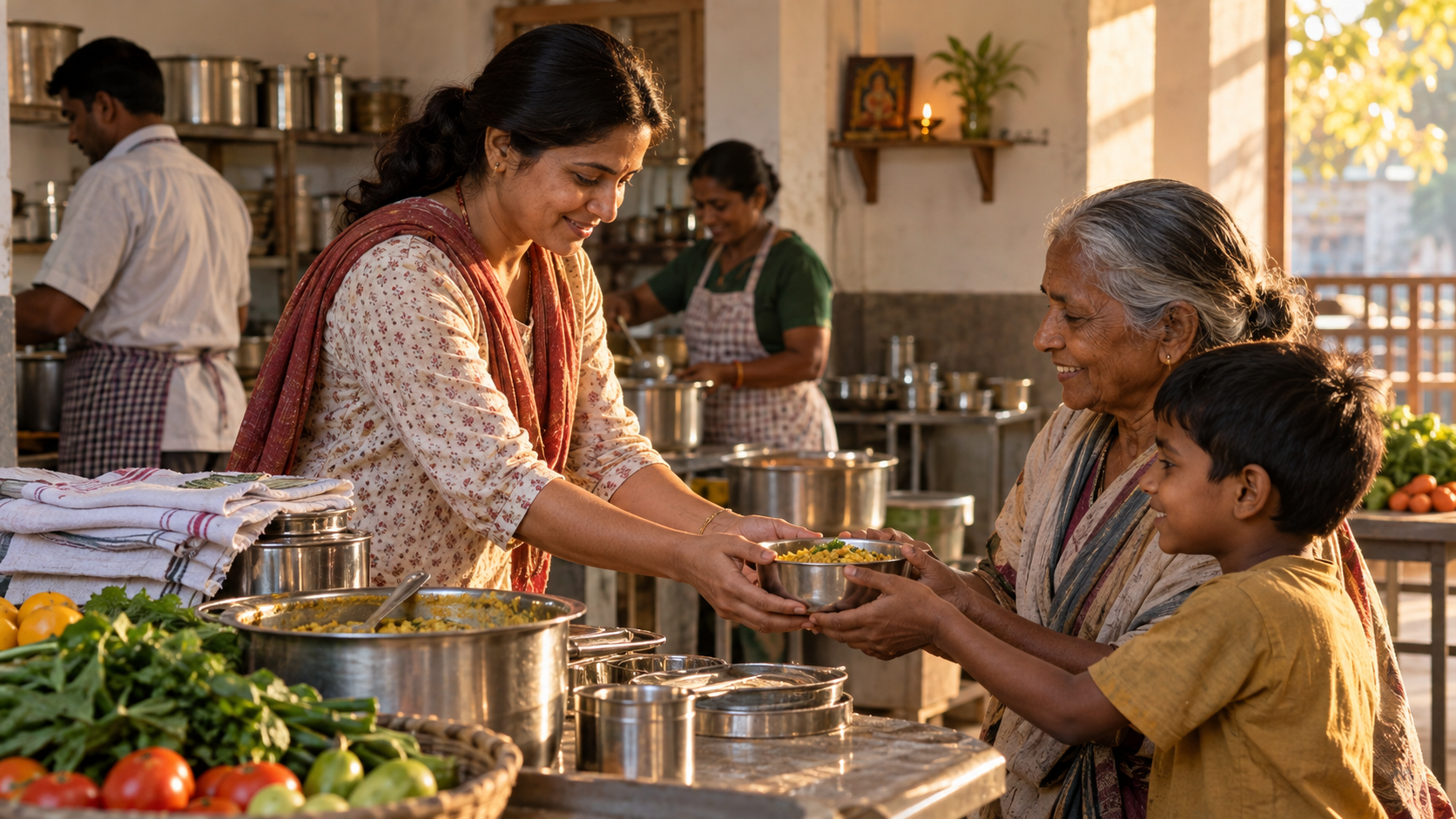 A volunteer passes a bowl of food to an older adult and a child in a sunlit community kitchen.
