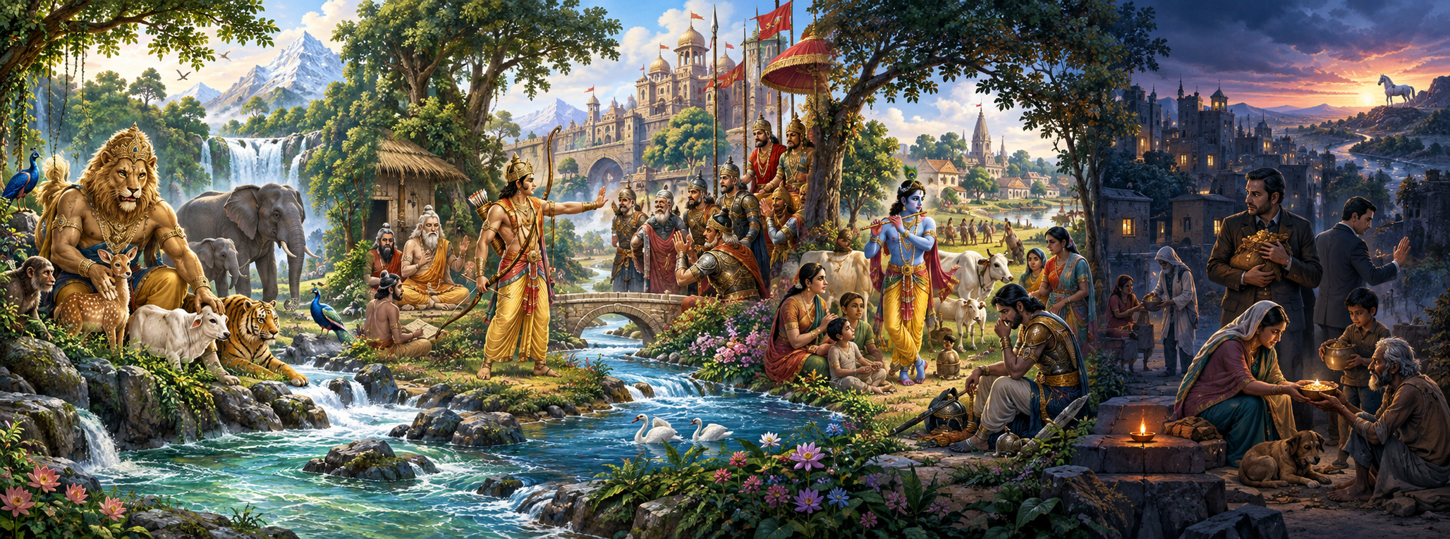 A continuous four-age landscape moves from protected nature to royal duty, social conflict, and human moral choice.