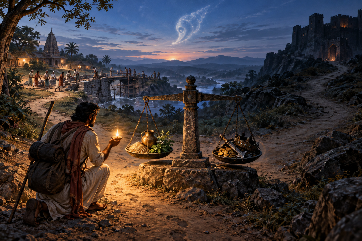 A traveler holds a lamp beside a balance and chooses between paths leading to community service or an isolated fortress.
