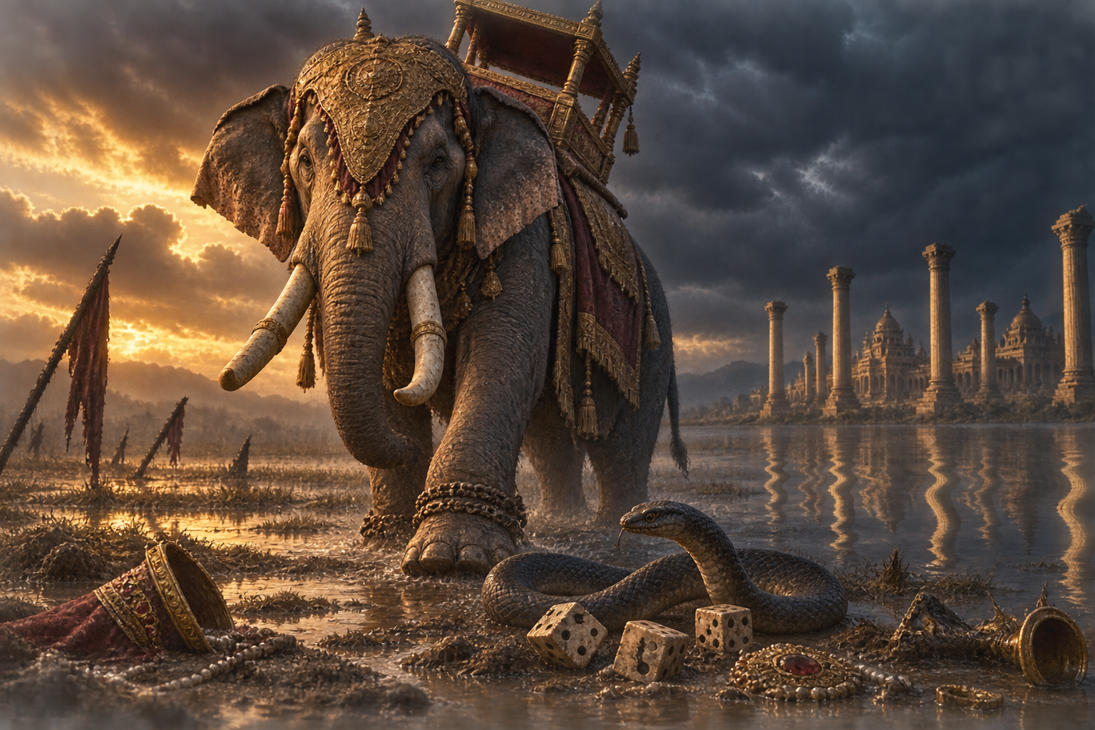 An armored war elephant approaches across a dark plain as a serpent winds among broken dice near its feet.