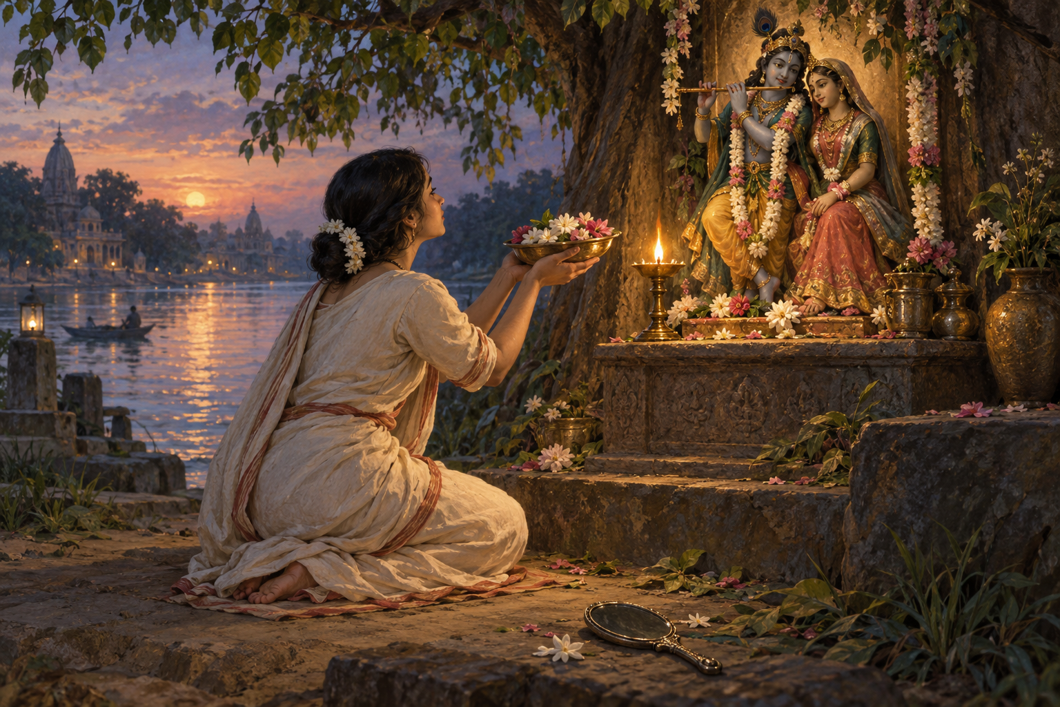 A kneeling devotee turns a hand mirror face down and offers a bowl of flowers at a Radha-Krishna shrine beside a river.