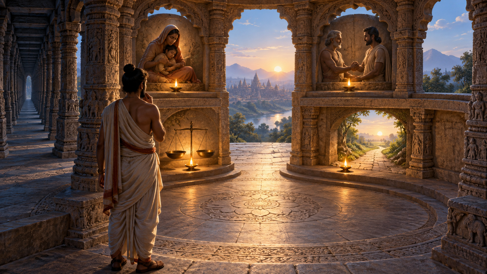 A person stands before a circular pavilion where four oil lamps illuminate symbols of protection, trust, balance, and an open path.