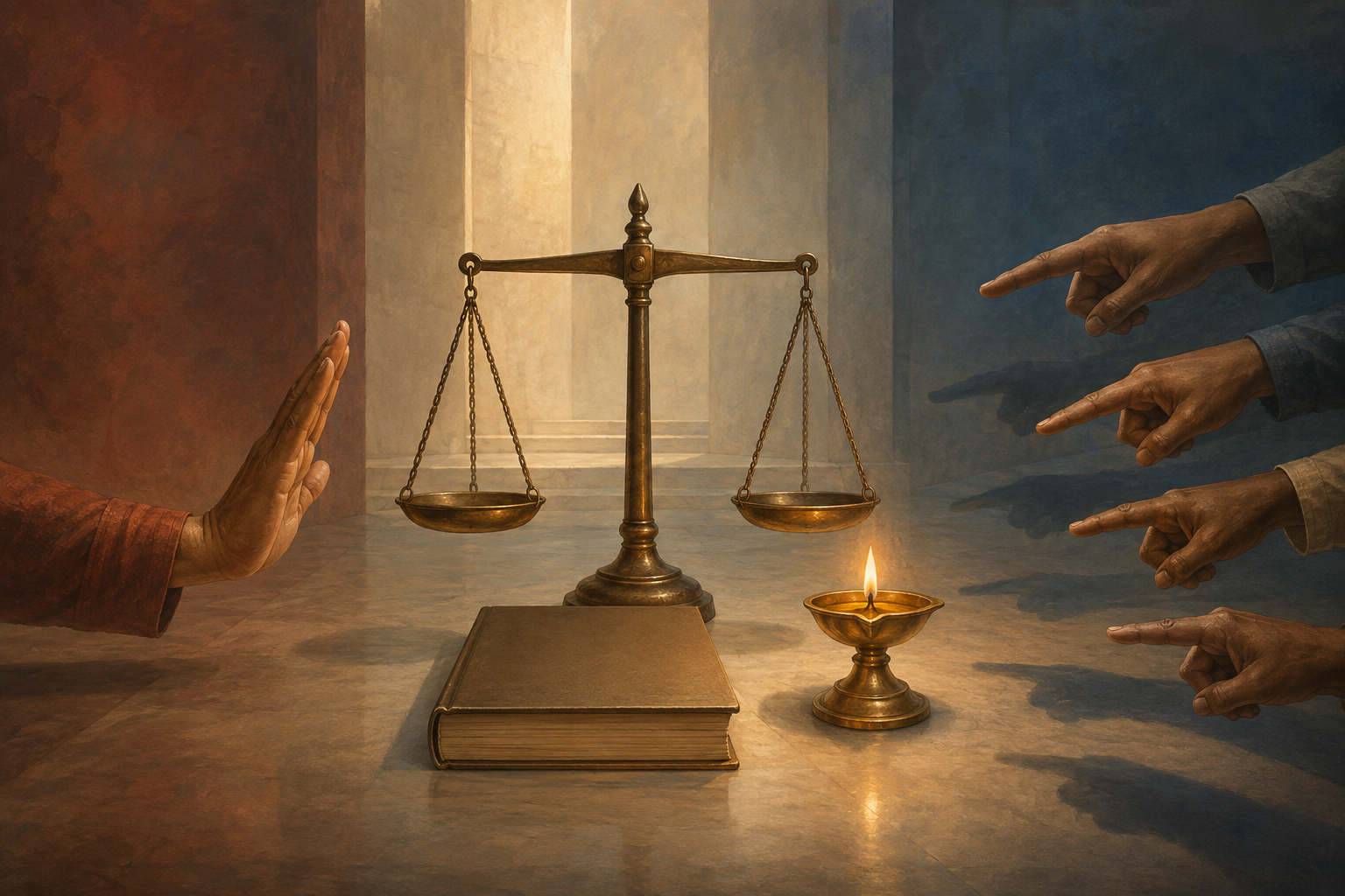 A balanced scale, glowing brass lamp, and blank-covered book stand between a restraining raised hand and several pointing hands.