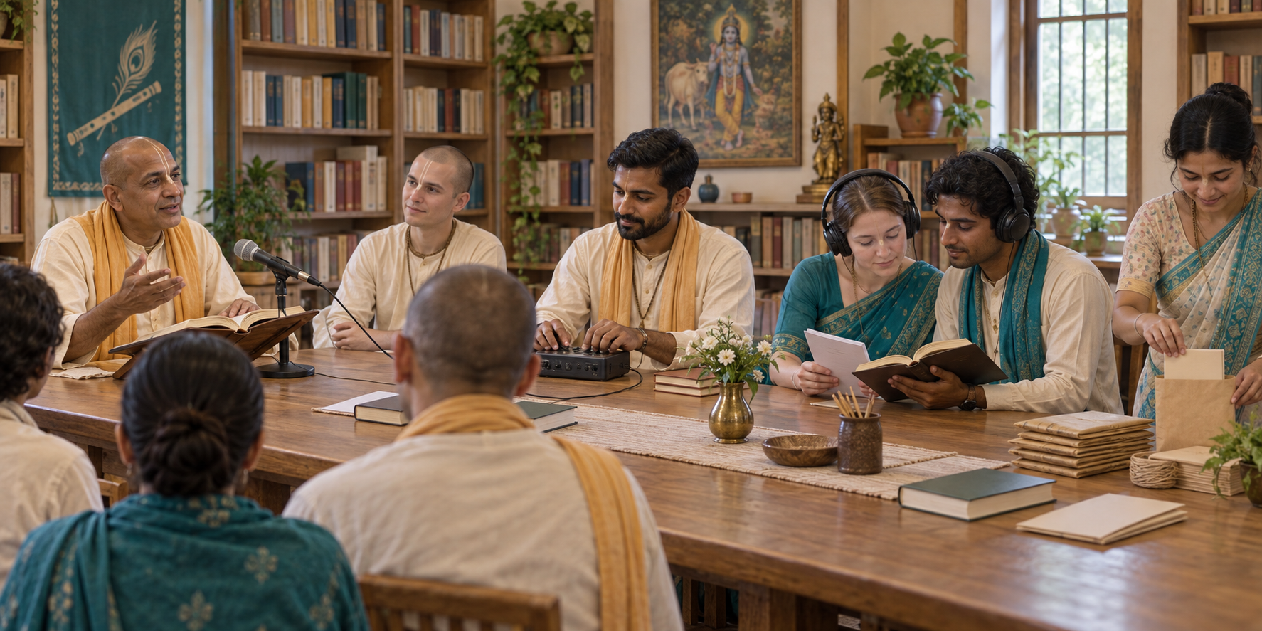A scripture class, audio recording station, listening area, and printed study materials operate together in one community library.