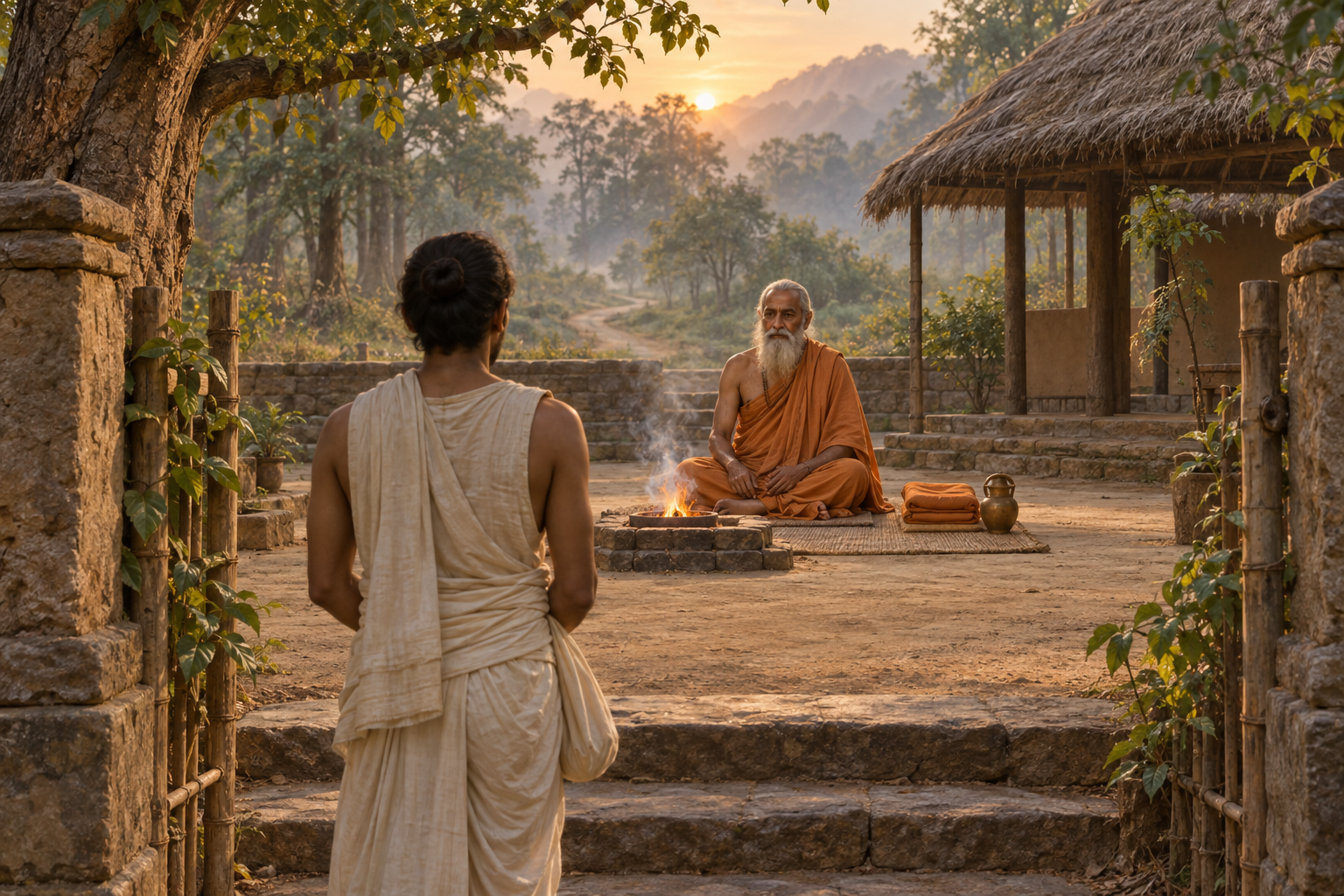 An aspirant stands at dawn before an ochre-robed elder, a small ceremonial fire, a folded cloth, and a water vessel in a forest ashram courtyard.