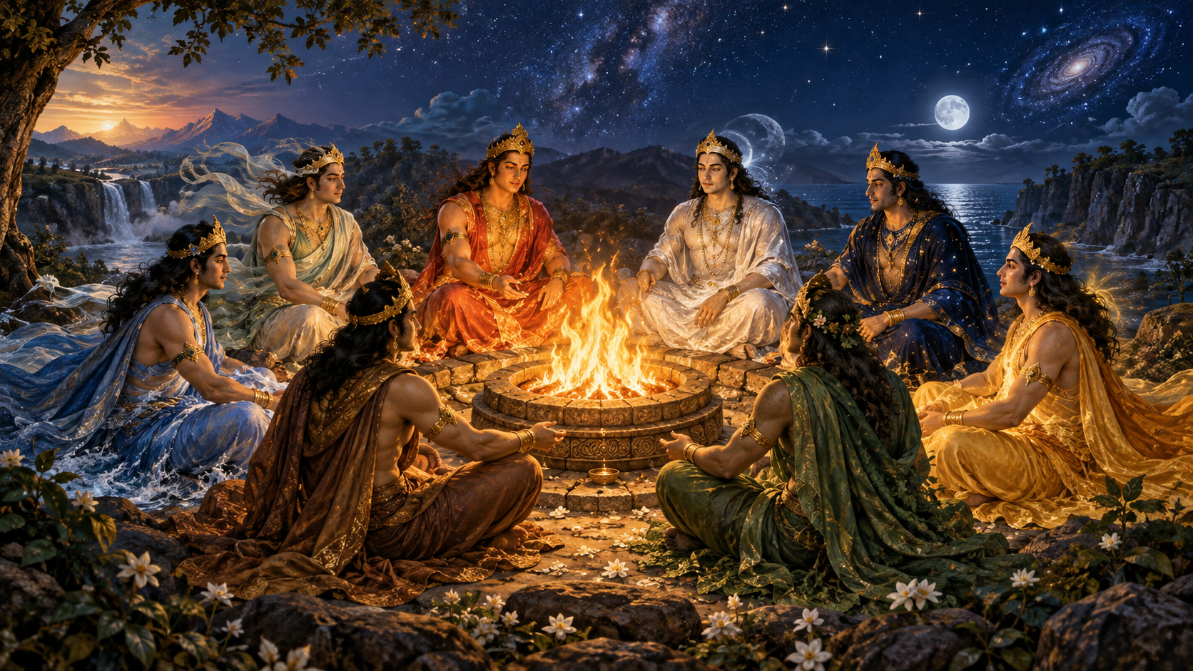Eight divine figures form a circle around a glowing sacred fire beneath an indigo sky, with natural and celestial motifs surrounding the group.
