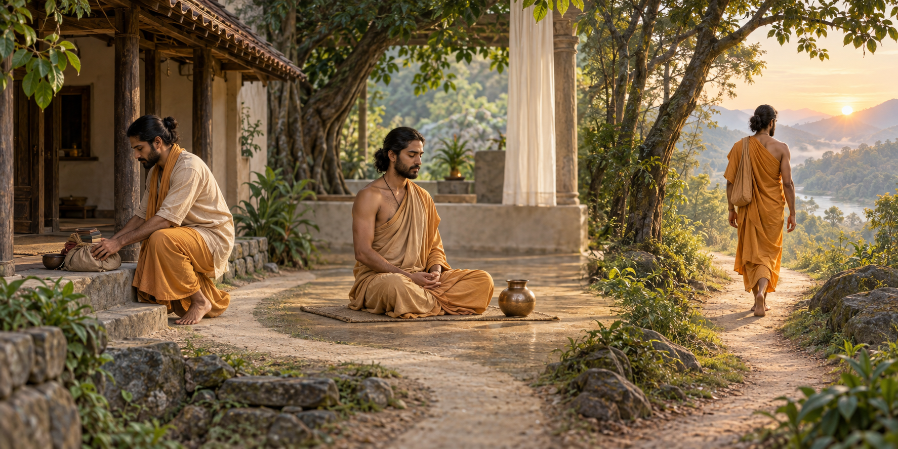 A continuous illustration shows an aspirant setting aside possessions, sitting near a water vessel, and later walking alone in ochre robes along a forest path.