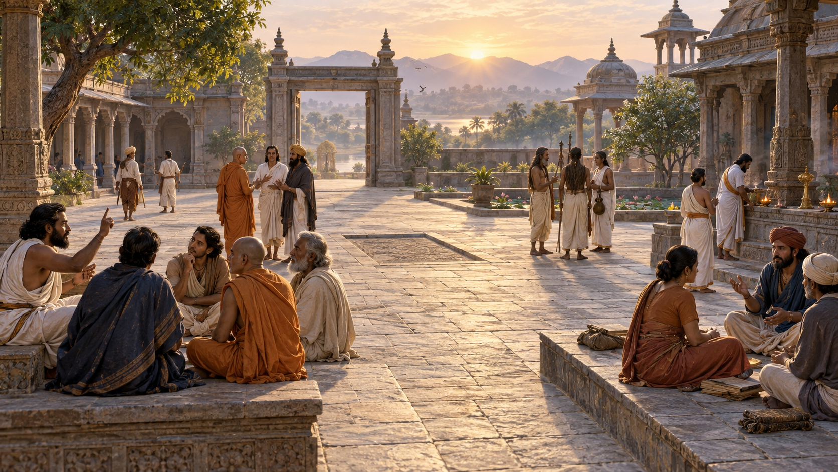 Several groups of people in traditional Indian dress gather and debate along intersecting paths in a stone courtyard at dawn.