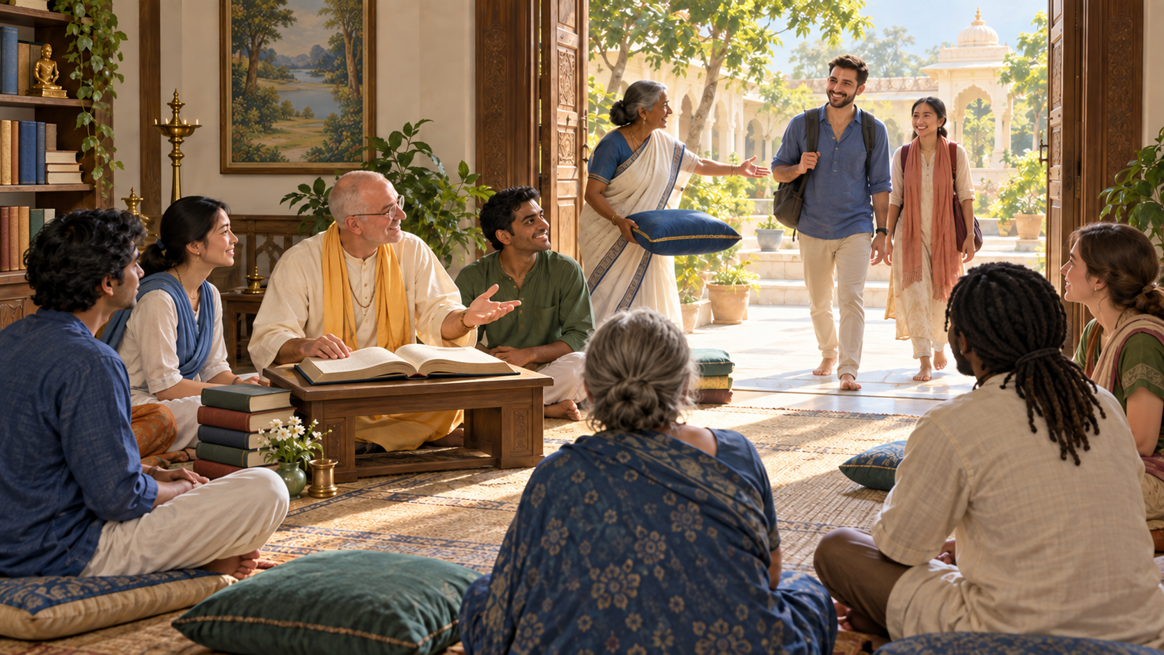 Newcomers are warmly welcomed into a scripture study circle while the teacher remains seated beside an open sacred book.
