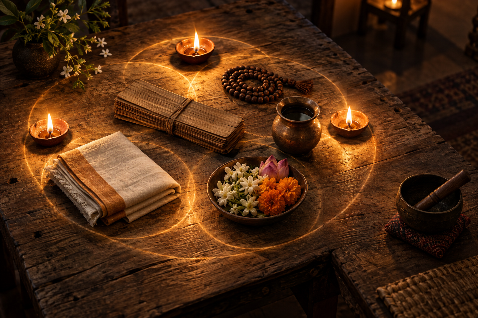 Ritual objects and an unmarked palm-leaf bundle form overlapping circles around a single object placed outside them.