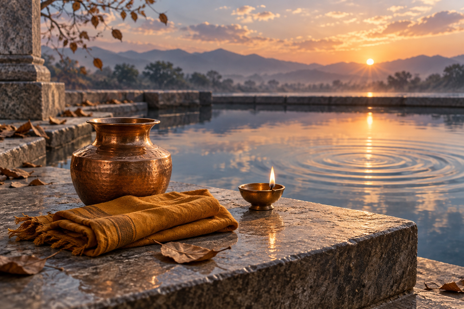 A copper water vessel, folded ochre cloth, and oil lamp rest beside a reflective pool with gentle ripples at sunrise.