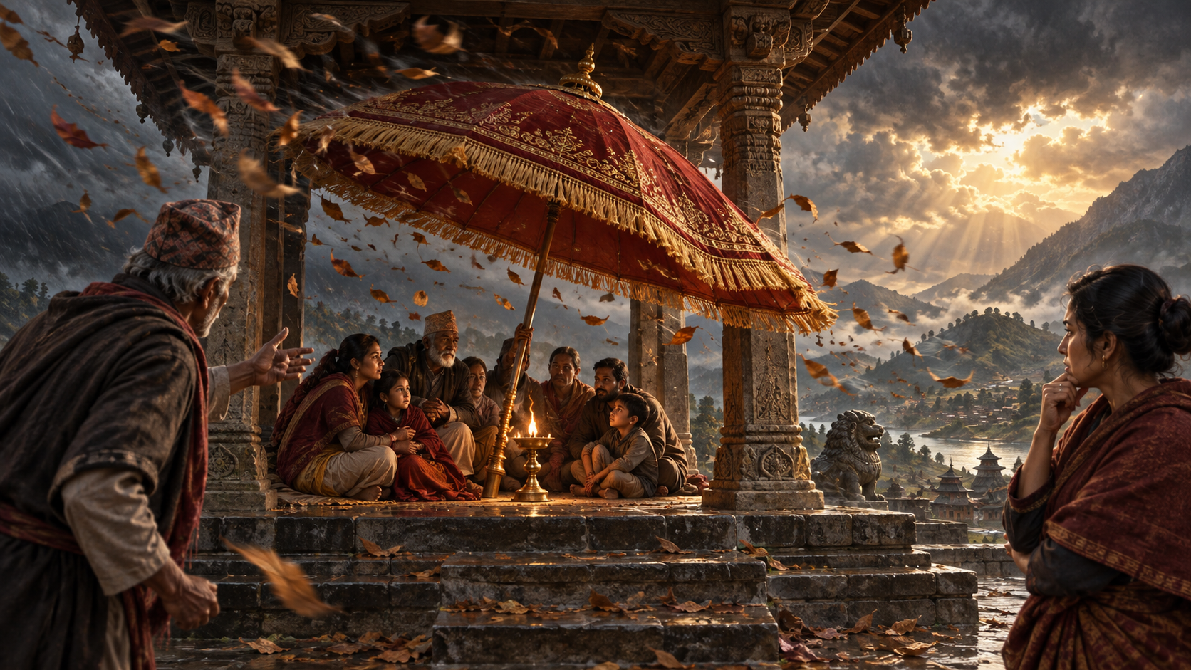 A ceremonial parasol shelters people and an oil lamp as wind bends the canopy and scatters leaves toward it.