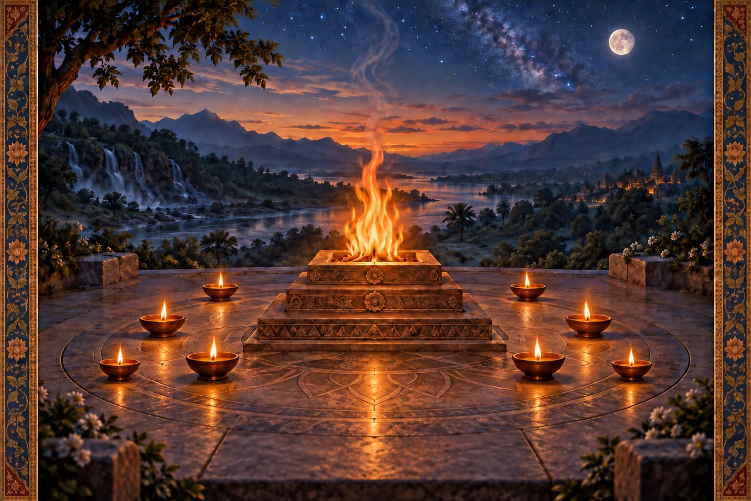 A sacred fire burns on a geometric altar encircled by eight oil lamps in a twilight landscape beneath the moon and stars.