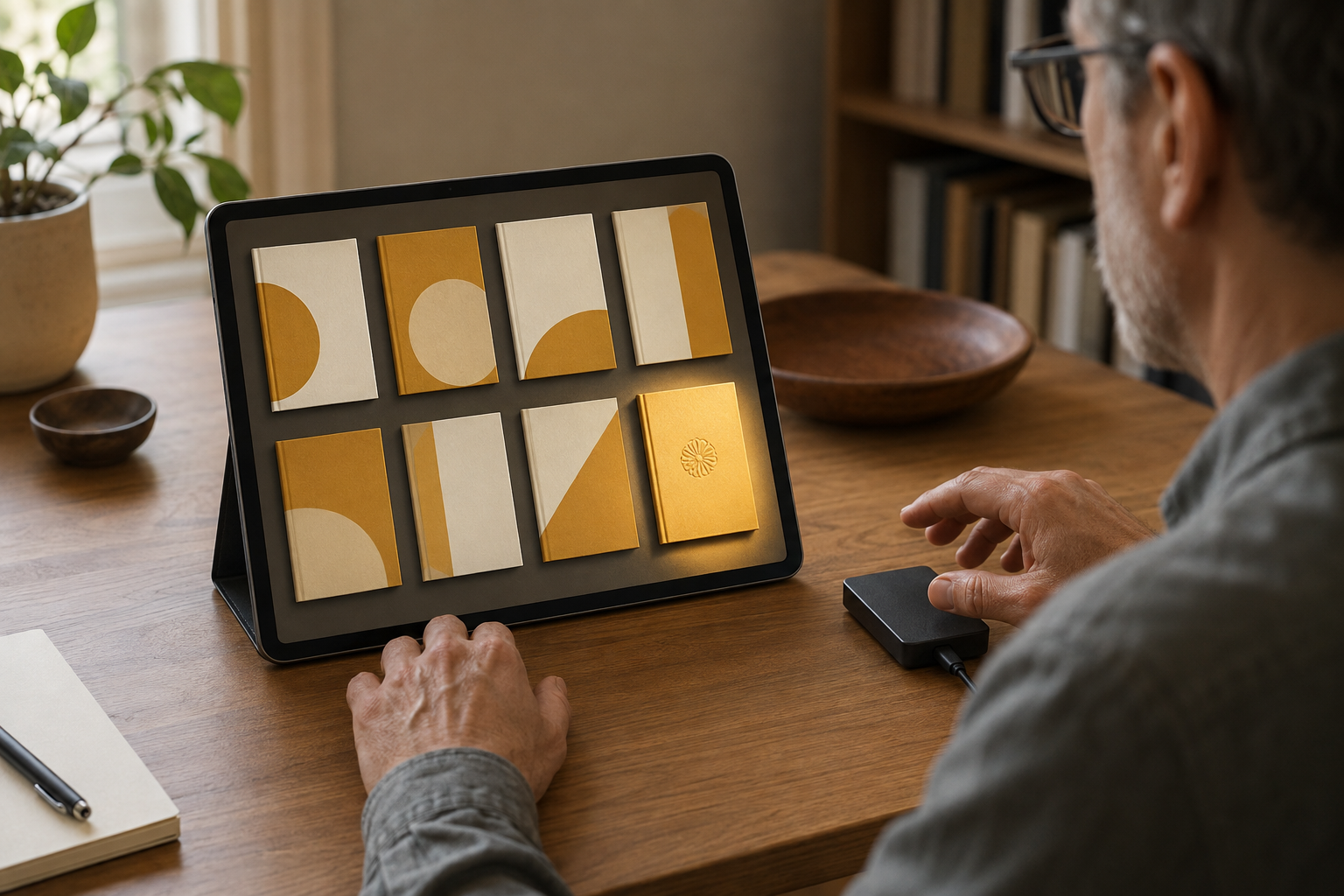 A reader reviews several text-free digital volume covers on a tablet before using a small storage device.