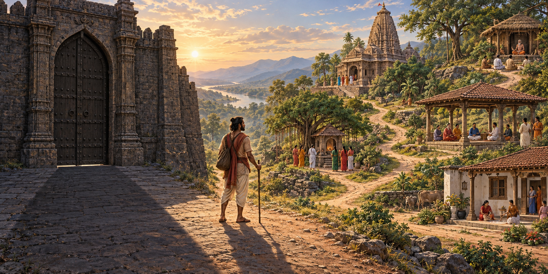 A traveler stands between one closed stone gateway and many branching paths leading to varied religious settings.
