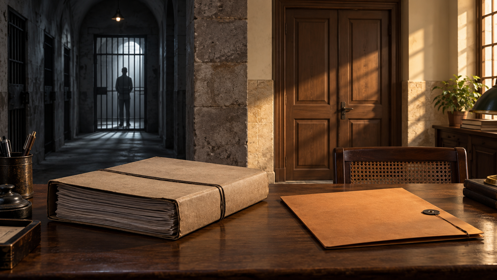 An anonymous prisoner silhouette behind a barred doorway, with closed case files on a government office desk in the foreground.